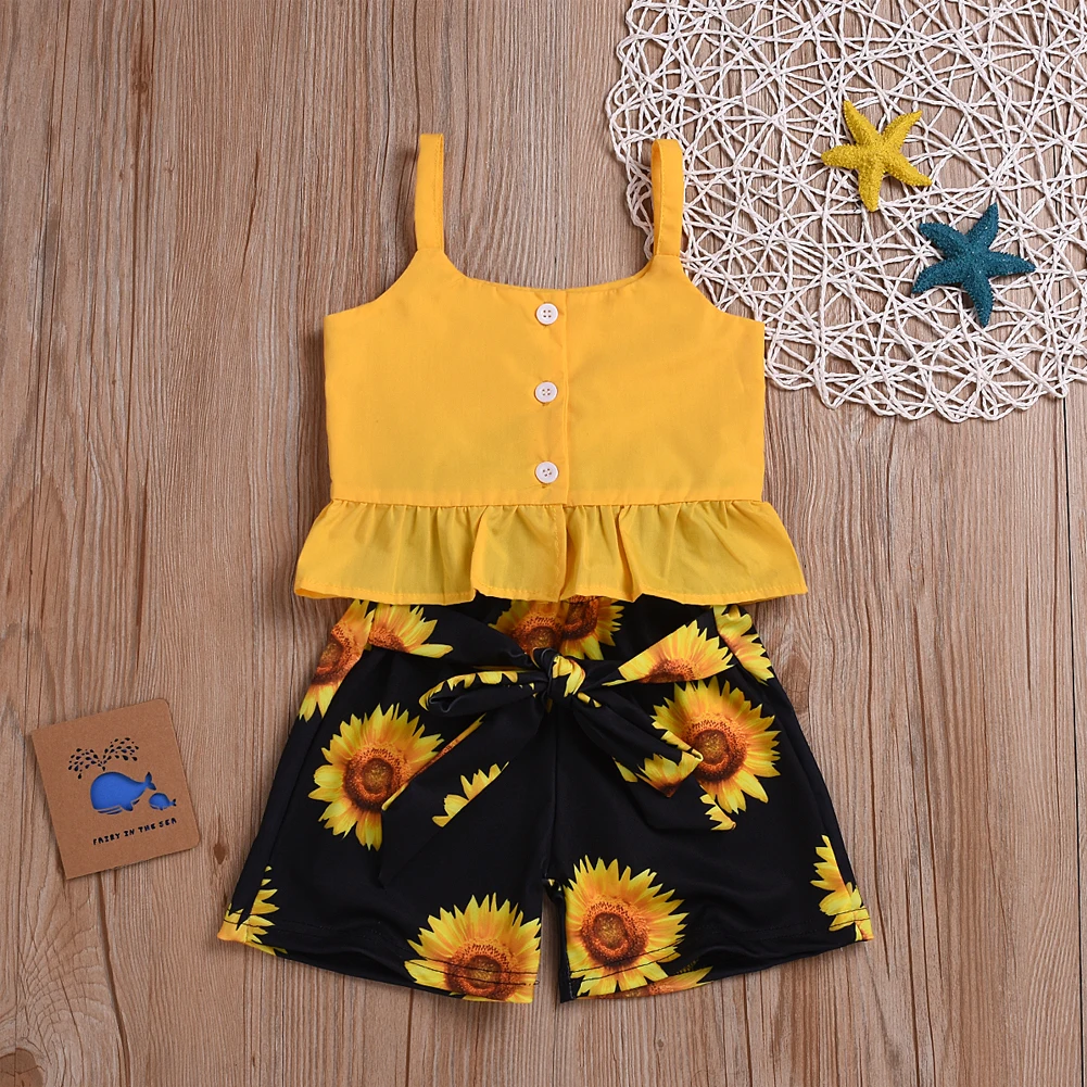 

Imcute 2-6T Toddler Baby Girl Clothes Sleeveless Strap Crop Ruffle Tops Sunflower Print Short Pants 2Pcs Outfits Clothes Summer