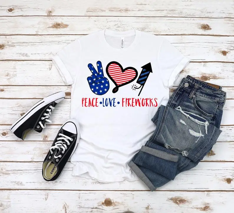 

Peace Love Fireworks Patriotic 4th of July USA FLAG Shirt Canvas Super Soft Short Sleeve Unisex Shirt 100% Cotton Top Tee O Neck