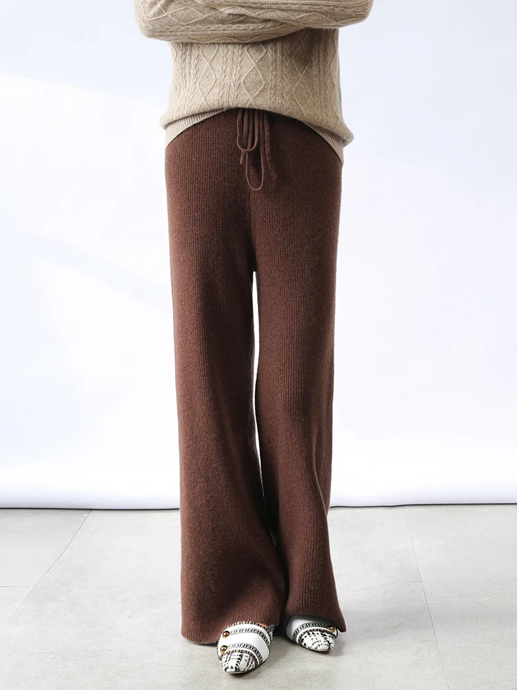 2021 Loose Waist Long Trousers  100% Wool Girls Pants With Pocket Female Winter Warm Knitted Leggings 5Colors For Women