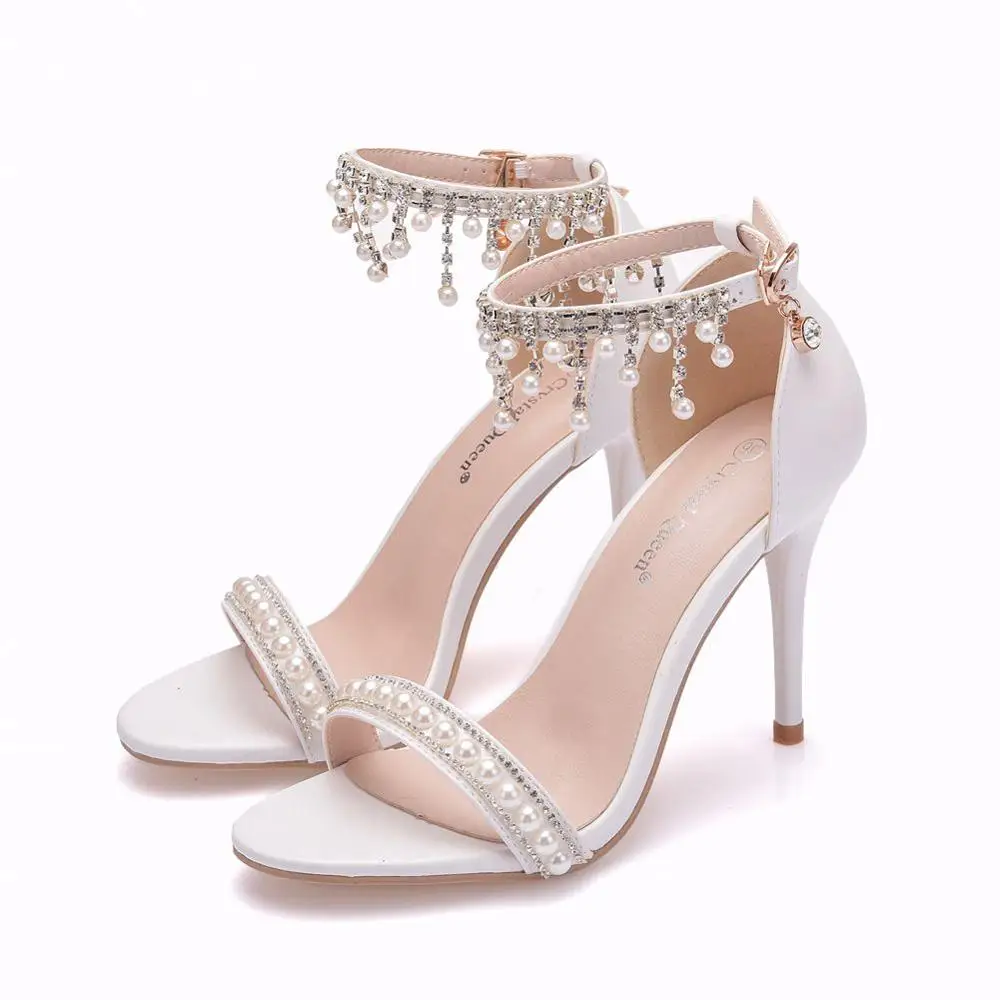 

Crystal Queen Sweet White Sexy Dress Wedding Shoes Women Lacing Ankle Strap Peep Toe High Heel Sandals 9cm heels pumps