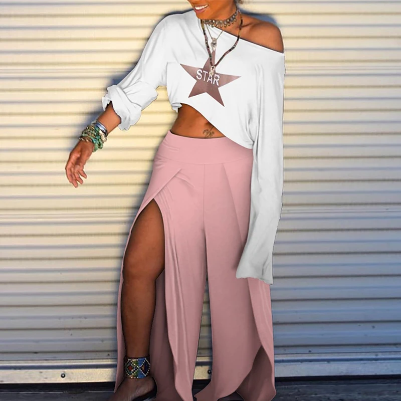 

Two Piece Set Women Long Sleeve Print Top & High Slit Wide Leg Pants Matching Set