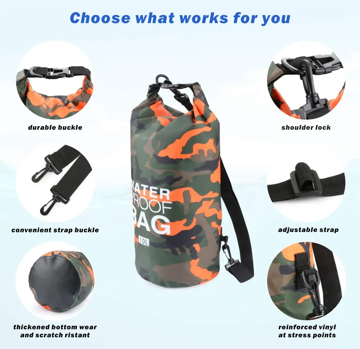 PVC Waterproof Dry 5L 10L 20L 30L Camo Outdoor Diving Foldable Man Women Beach Swimming Bag Rafting River Ocean Backpack