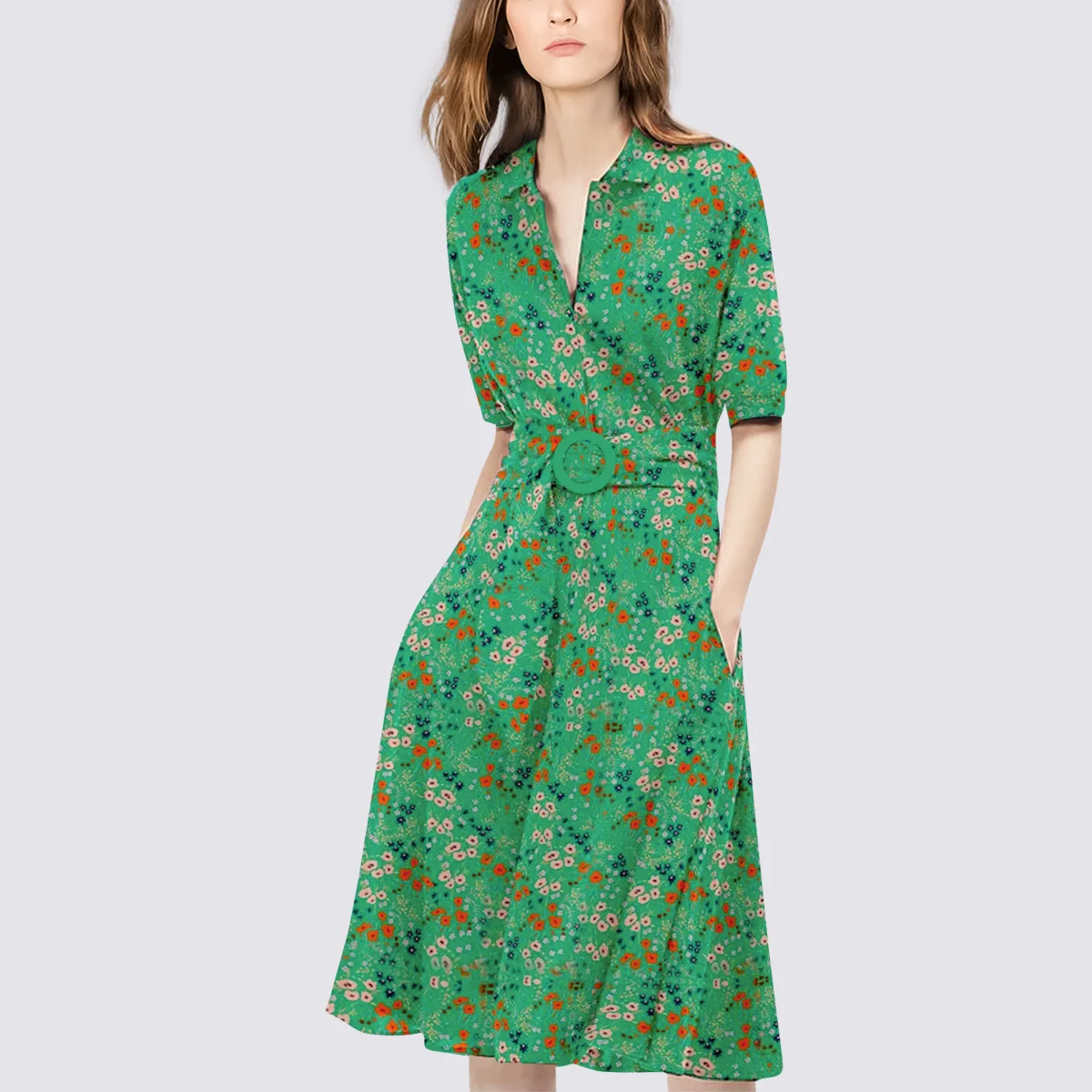 

Summer 2021 new short-sleeved POLO collar single-breasted A-line skirt European and American pastoral style small floral dress
