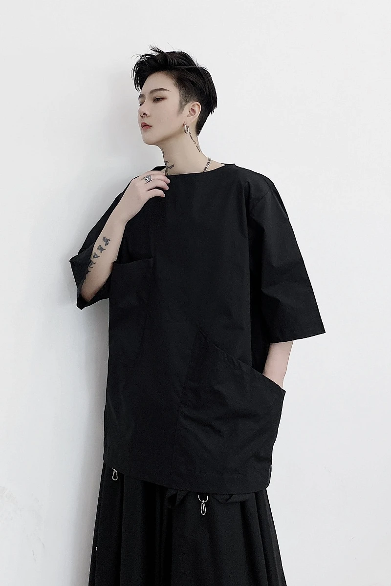 

Men Irregular Pocket Short Sleeve Casual Pullover Tee Shirt Male Women Japan Streetstyle Loose T-shirt
