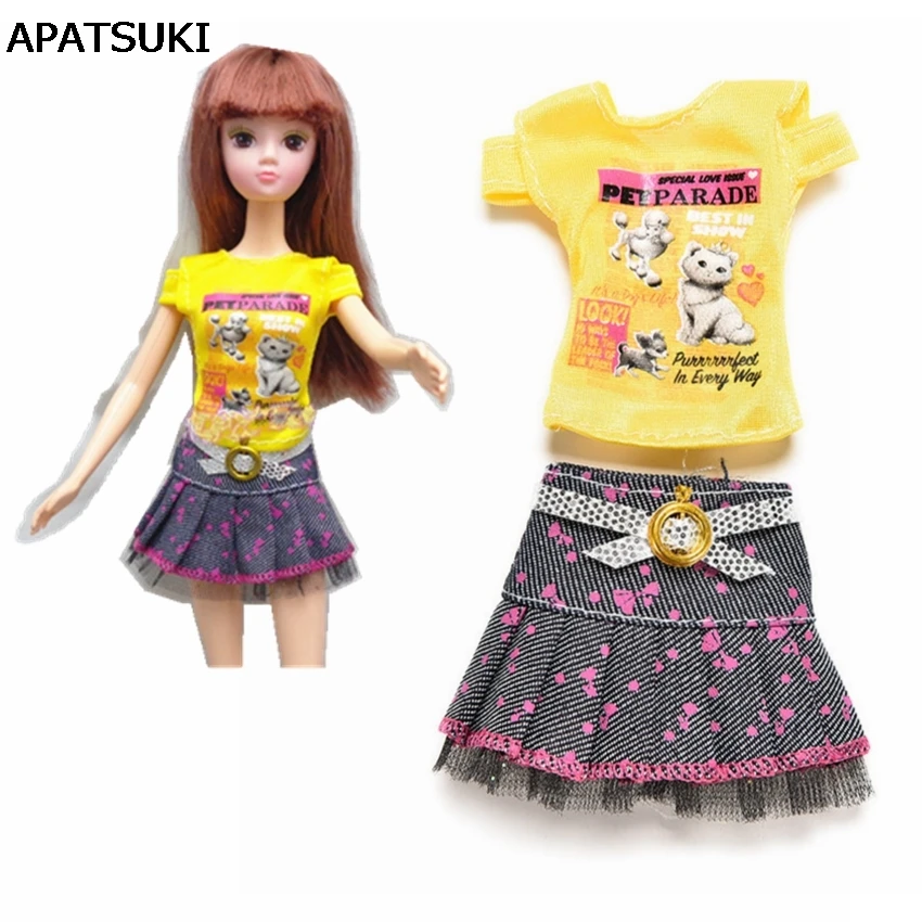 

1Set Casual Wear Clothes Yellow Short Sleeve T-shirt + Tutu Skirt For Barbie Dolls Fashion Clothes For 1/6 BJD Doll Accessories