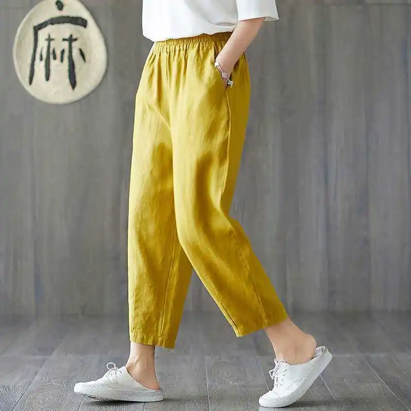 

Oversize Women Elastic Waist Ankle Pants Casual Cotton and Linen Pants Loose Capri Harem Trousers Female Summer Solid Color Pant