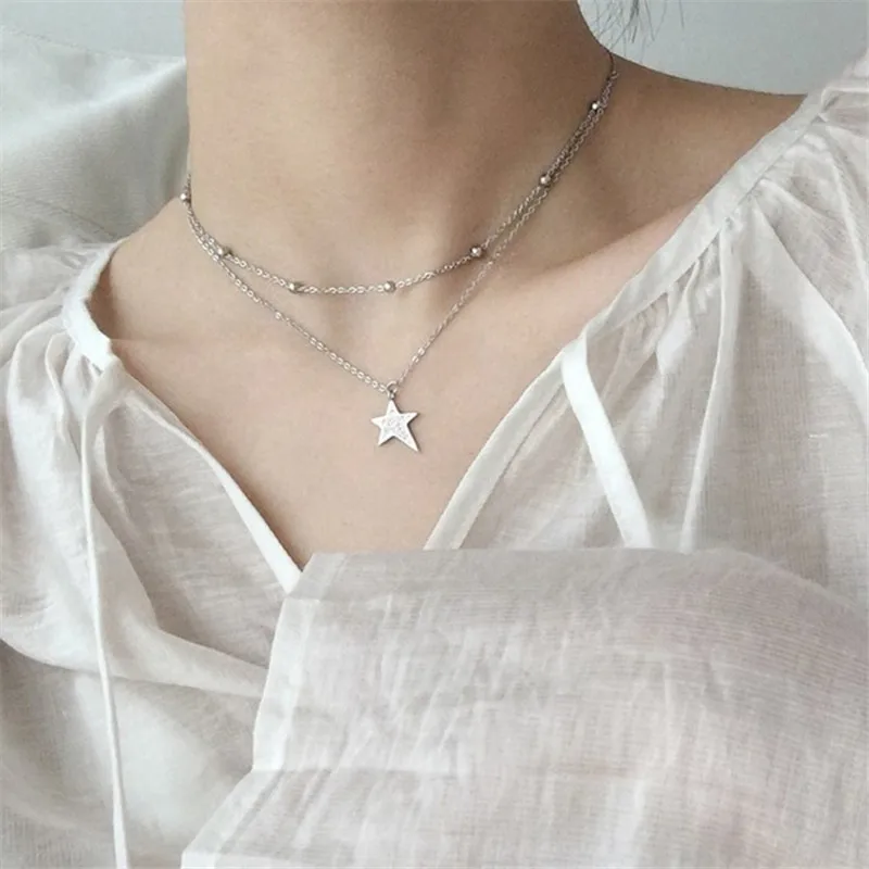 

925 Sterling Silver Double Layer Round Bead Tassel Star Charm Pendent Necklaces For Women Girls Clavicle Chain Accessories dz120