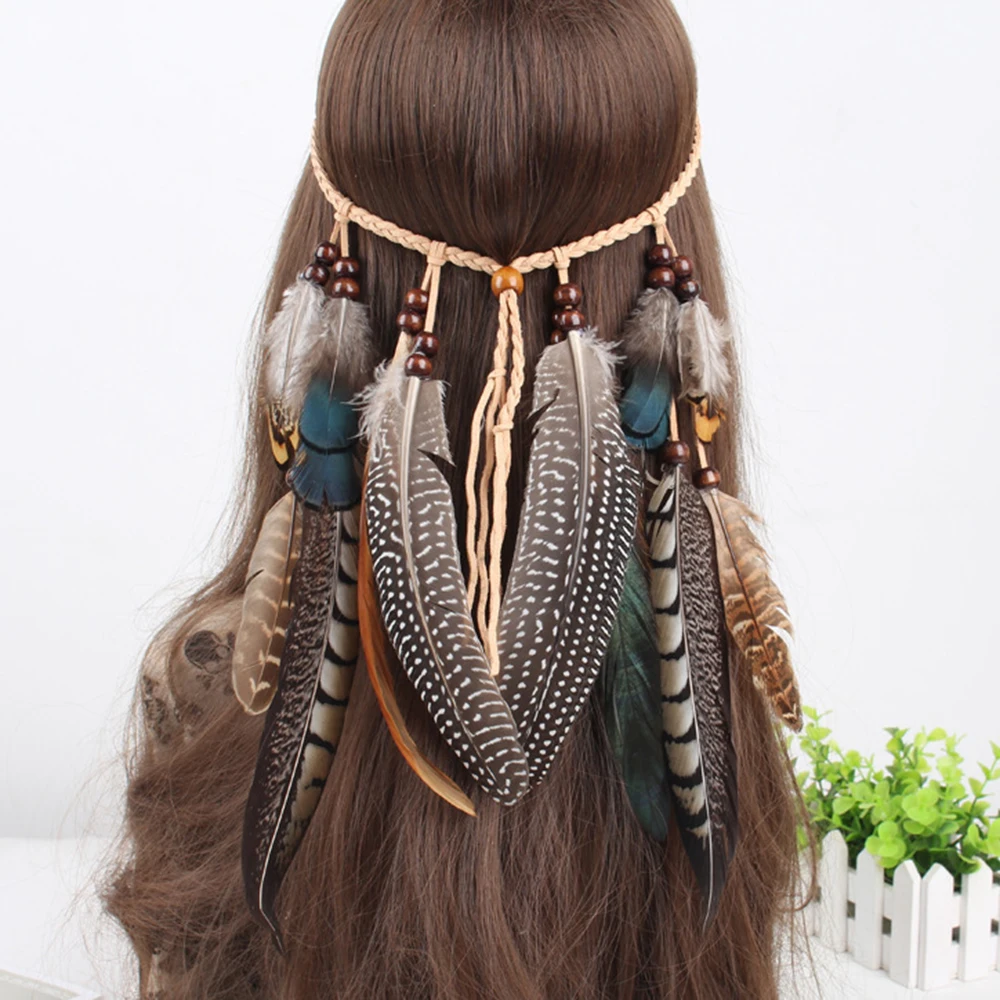 

Indian Feather Headband Handmade Weave Feathers Hair Rope Headpiece Hiairband Bohemian Feather Hair Accessories
