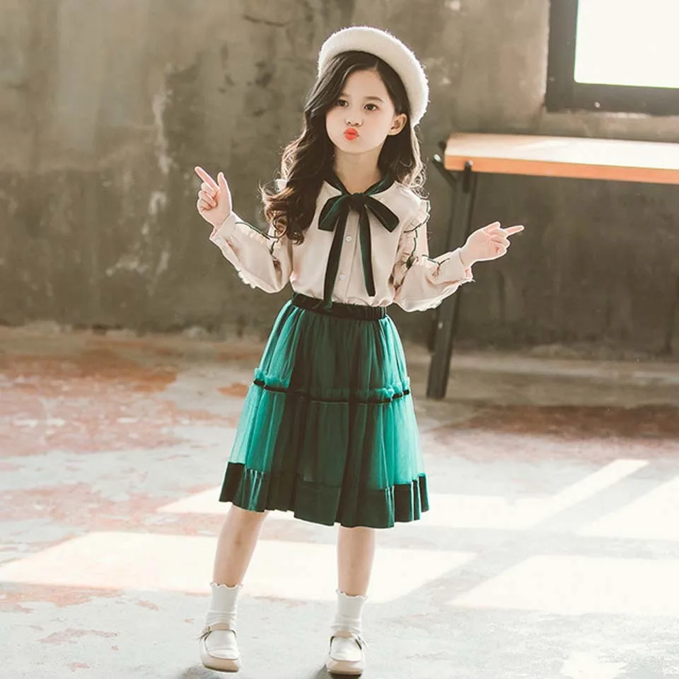 2021 зеленого цвета детская одежда для девочек на весну форма с бантом Блузки из