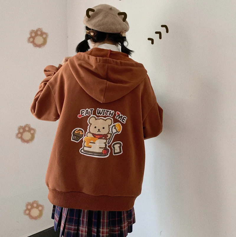 Осень зима Женский японский рисунок с милым медведем утепленное пальто для