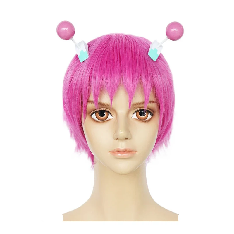 

Saiki Kusuo Wig With Headwear Cosplay Costume Saiki Kusuo no sai-nan Hair The Disastrous Life of Saiki K. Pink Short Wigs