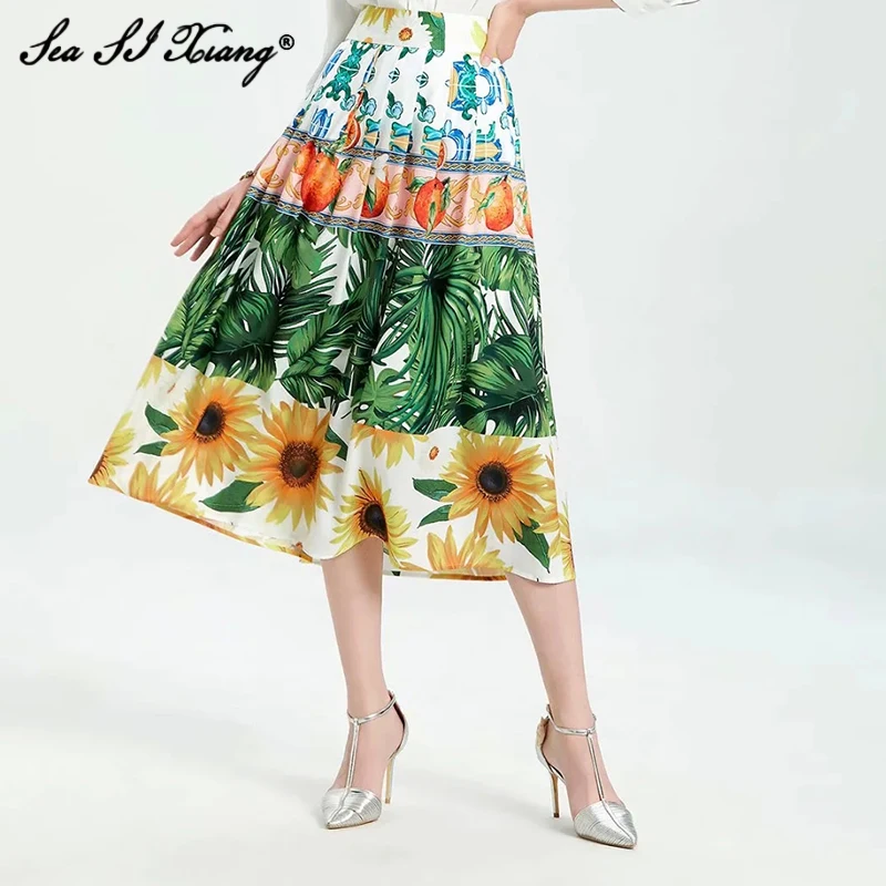

Seasixiang Модные Дизайнерские летние длинные юбки для женщин с высокой талией Maillot De Bain Femme Цветочный принт отпуск плиссированная юбка