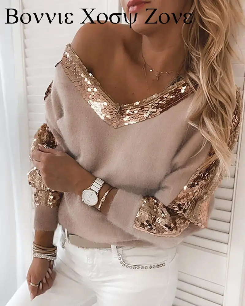 

Women Fashion Elegant Casual V Neck Fall Patchwork Long Sleeve Fluffy Sweater Sequins Fluffy Long Sleeve Sweater