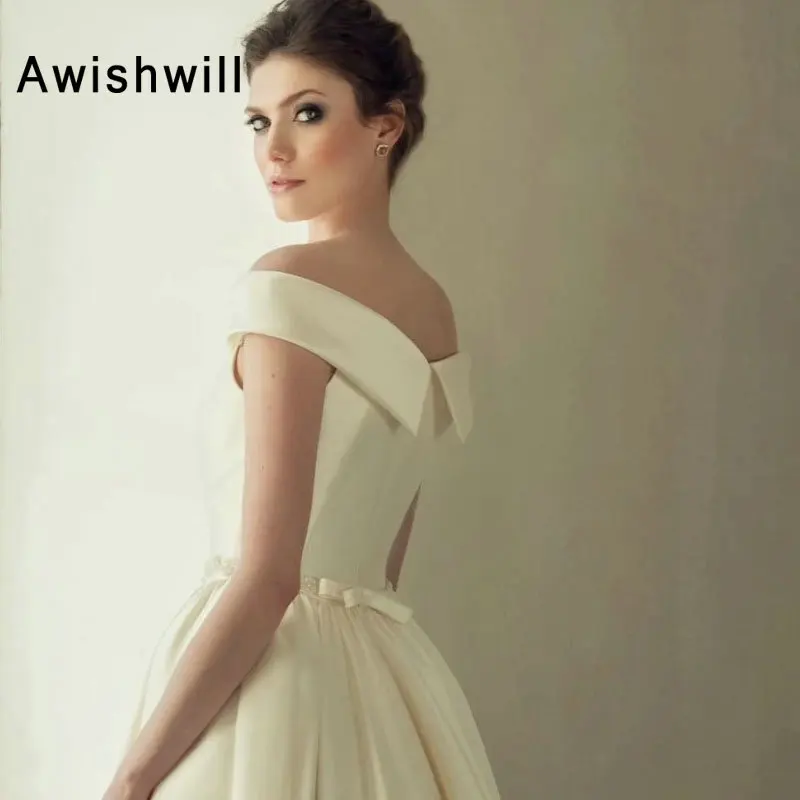 

Elegant Off The Shoulder Satin Long Wedding Dresses A-line Boat Neck Beaded Waistline Bridal Gowns Vestido de Noiva Simples