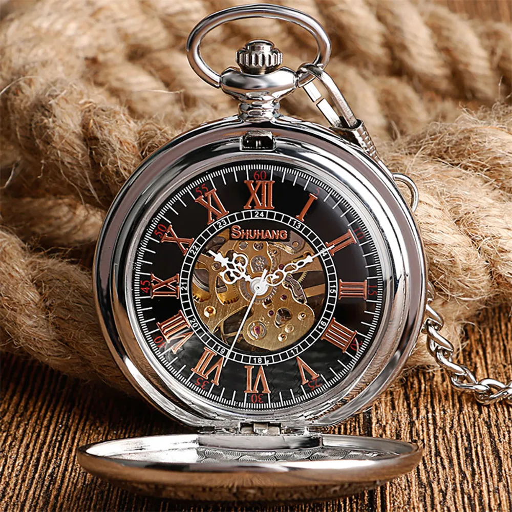 Punk Cool Silver Dragon Hand Winding Mechanical Pocket Watch Roman Numerals Dial Vintage Pendant Manual Mechanism Pocket Clock