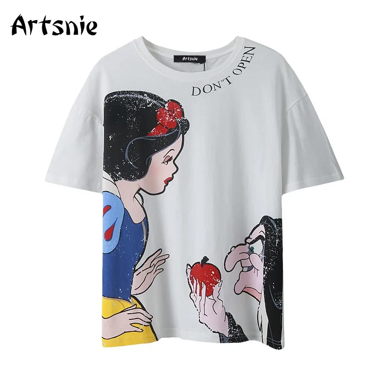 

Artsnie summer white casual cartoon print t shirt women o neck short sleeve oversized tops femme streetwear cute t-shirt mujer