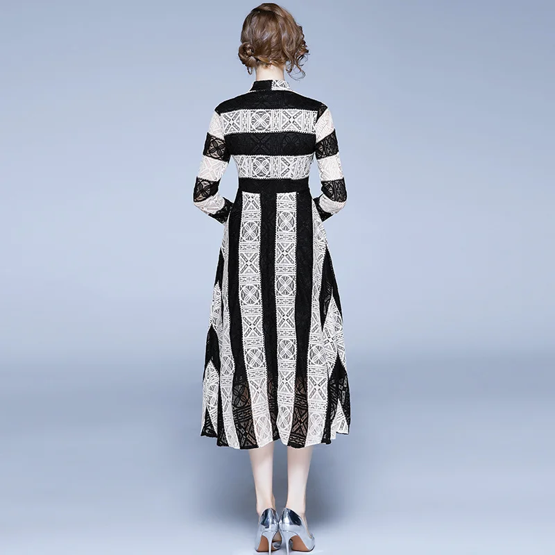 

Designer Women Elegant Sexy Stripe Lace Shirt Dress Autumn Female Office Party Robe High Quality Vintage Dresses Vestidos