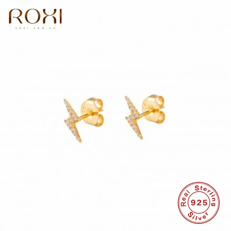 Золотой цвет ROXI простые Стразы Молния маленькие серьги-гвоздики для женщин CZ гром серьги, ювелирные изделия серьги из стерлингового серебра 925 пробы - Окраска металла: Золотой цвет