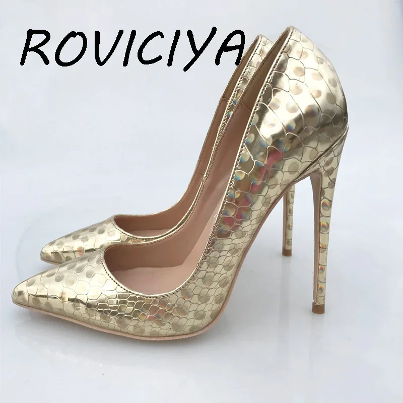 

Party gold wedding shoes women pointed toe sexy high heels pumps 12 cm stilettos shallow plus size QP046 ROVICIYA