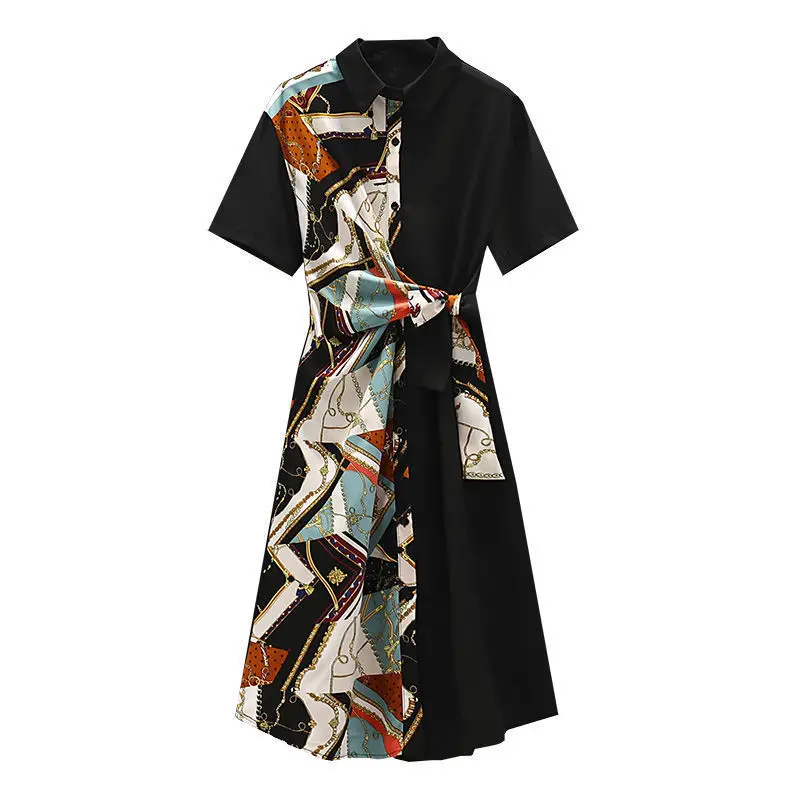 

Large Women's Short Sleeve Chiffon Dress Summer 2021 New Style Fat Sister Foreign Style Thin Splicing Shirt Skirt