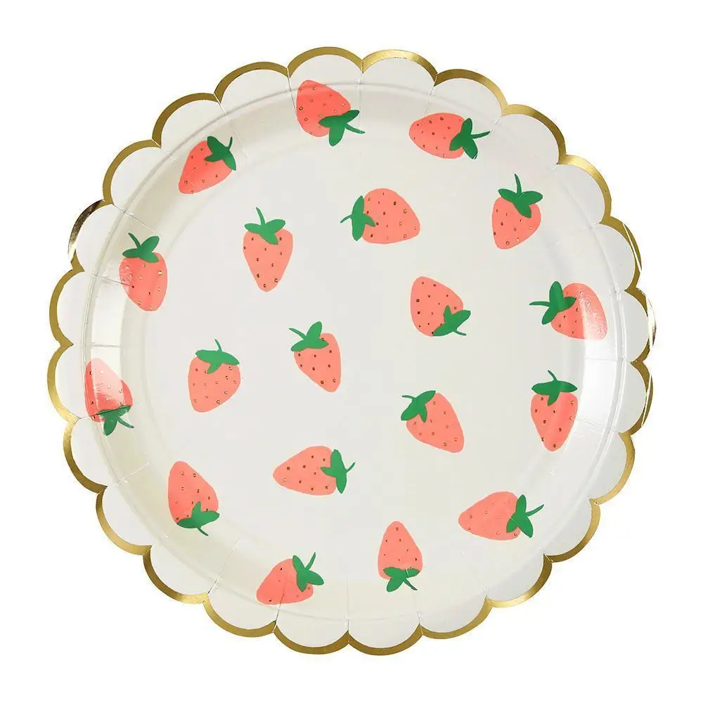 

9inch 8pcs Hot Gold Fruit Pink Strawberry Salad Paper Plate Wedding Decoration Supplies Disposable Tableware Picnic Plate