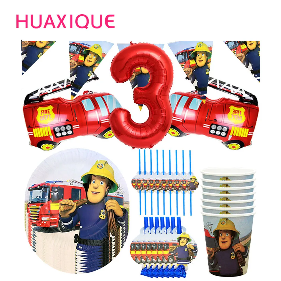 

Fireman Sam Birthday Party Decor Disposable Tableware Paper Cup Plate Straw Happy Birthday Banner Fire Engine Truck Ballon Globo