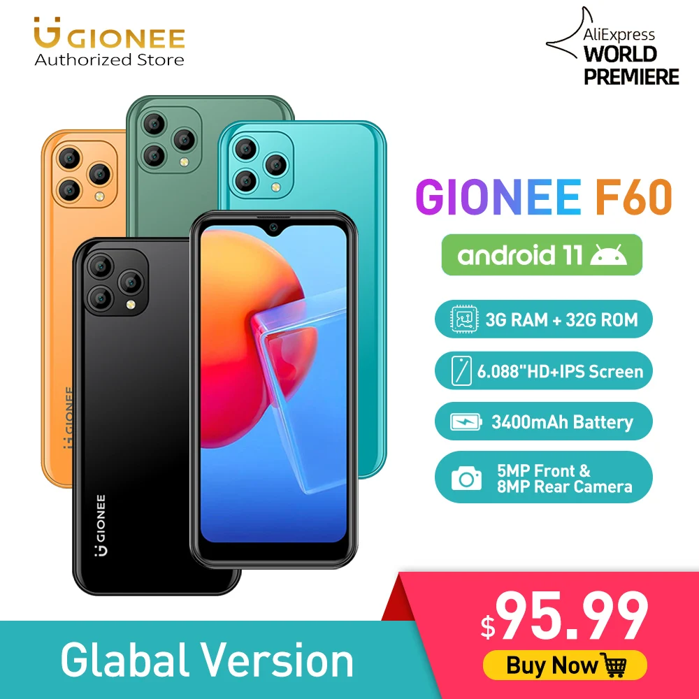 

[World Premiere]GIONEE F60 Android 11 Mobile Phone 3G 32G Quad Core Smartphones 6.088" Screen 4G Cellphone 5+8MP Cameras 3400mAh