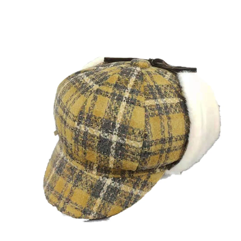 

Autumn and Winter Warm Lei Feng Hat Female Ear Protection Rope Windproof Cycling Hat Plaid Plush Cap