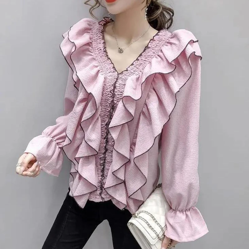 

Женская шифоновая блузка, демисезонная, с V-образным вырезом и оборками, в стиле пэчворк, DF3919