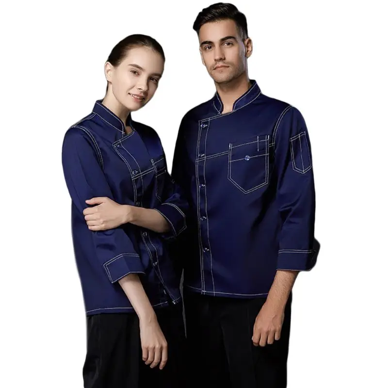 

2020 Unisex 3/4 Sleeve Faux Denim Chef Jacket Single Breasted Bakery Restaurant Coat