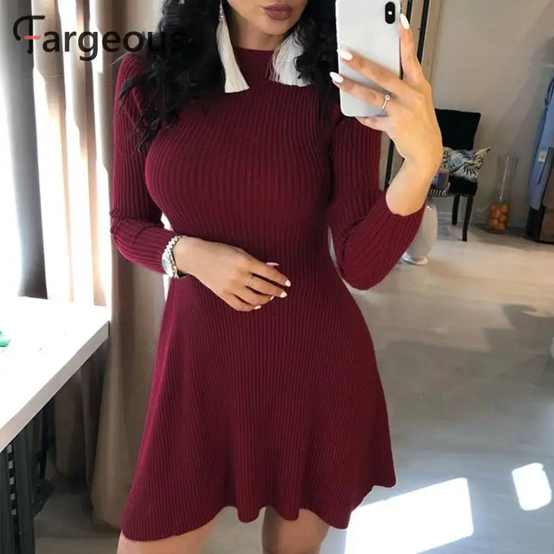 Fargeous Casual Knitted Sweater Dress Women Autumn Winter Ribbed Long Sleeve 2019 Basic White Short Vestidos | Женская одежда