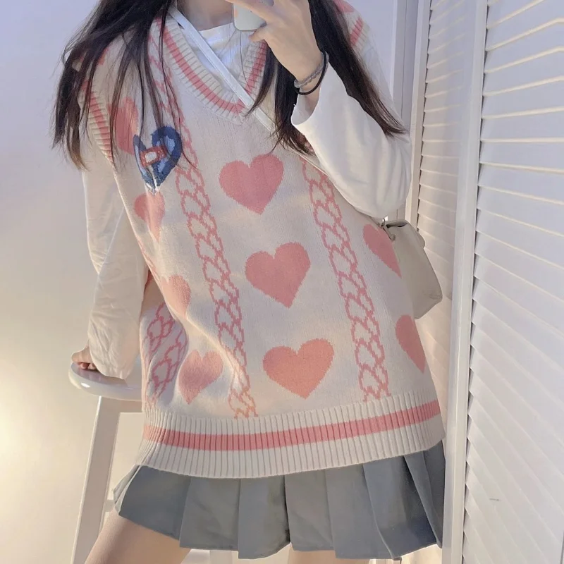 

Sweet Cute Heart Print Women Vest Japanese Harajuku Preppy Style Jk Sleeveless Sweater Girly Kawaii Lolita V-neck Knitted Vests