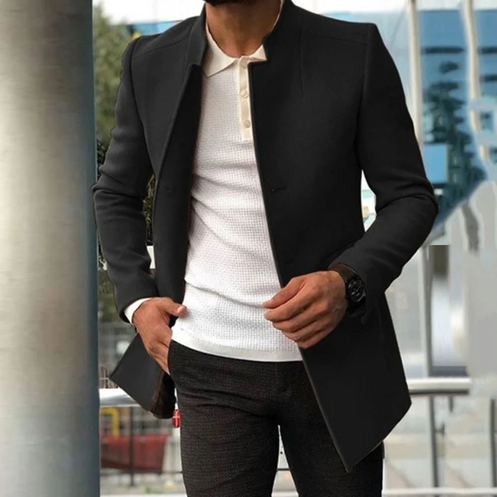 

Fashion Men Slim Woolen Coat Simple Stand Collar Single-Breasted European Black Jacket Cardigan Oversize Windbreaker 2021 Spring