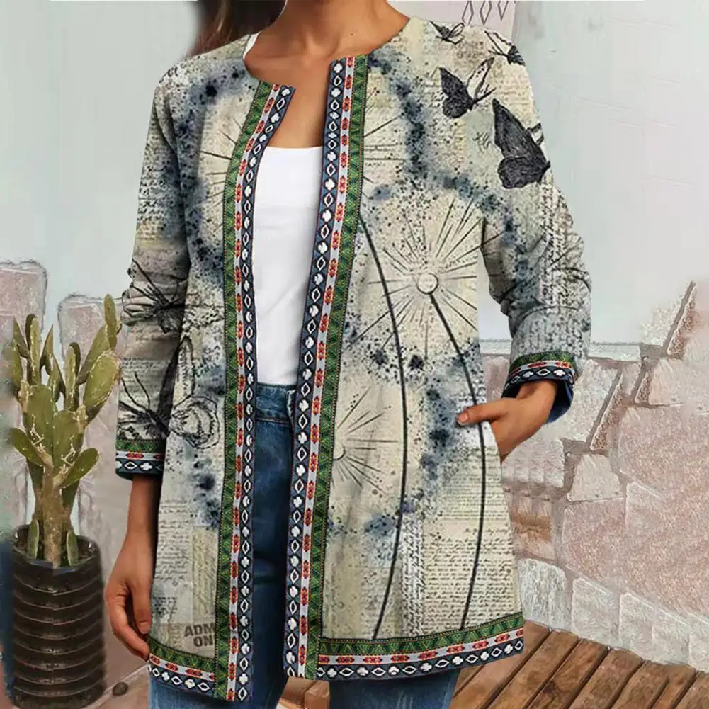 

Stylish Women Jacket Ethnic Print Vintage Crew Neck Chic Top Coat Jacket Cardigan Coat