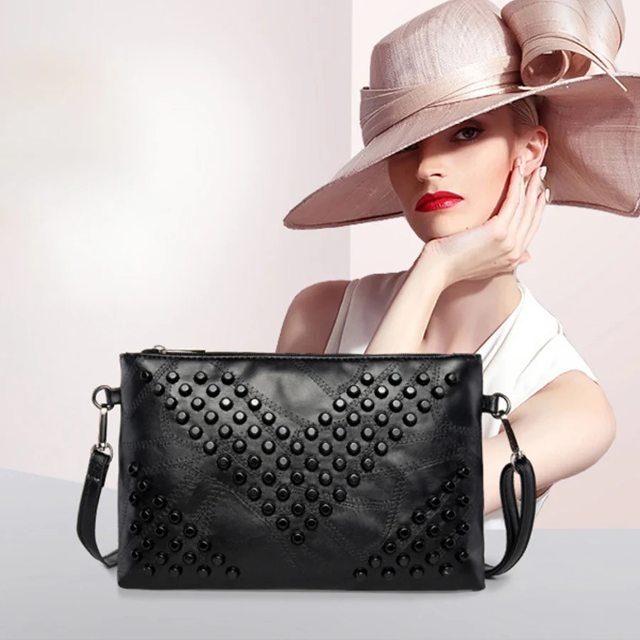 

Женские повседневные клатчи, кожаные сумки-мессенджеры с заклепками, женская черная вечерняя сумка-конверт, качественная женская сумочка, ...