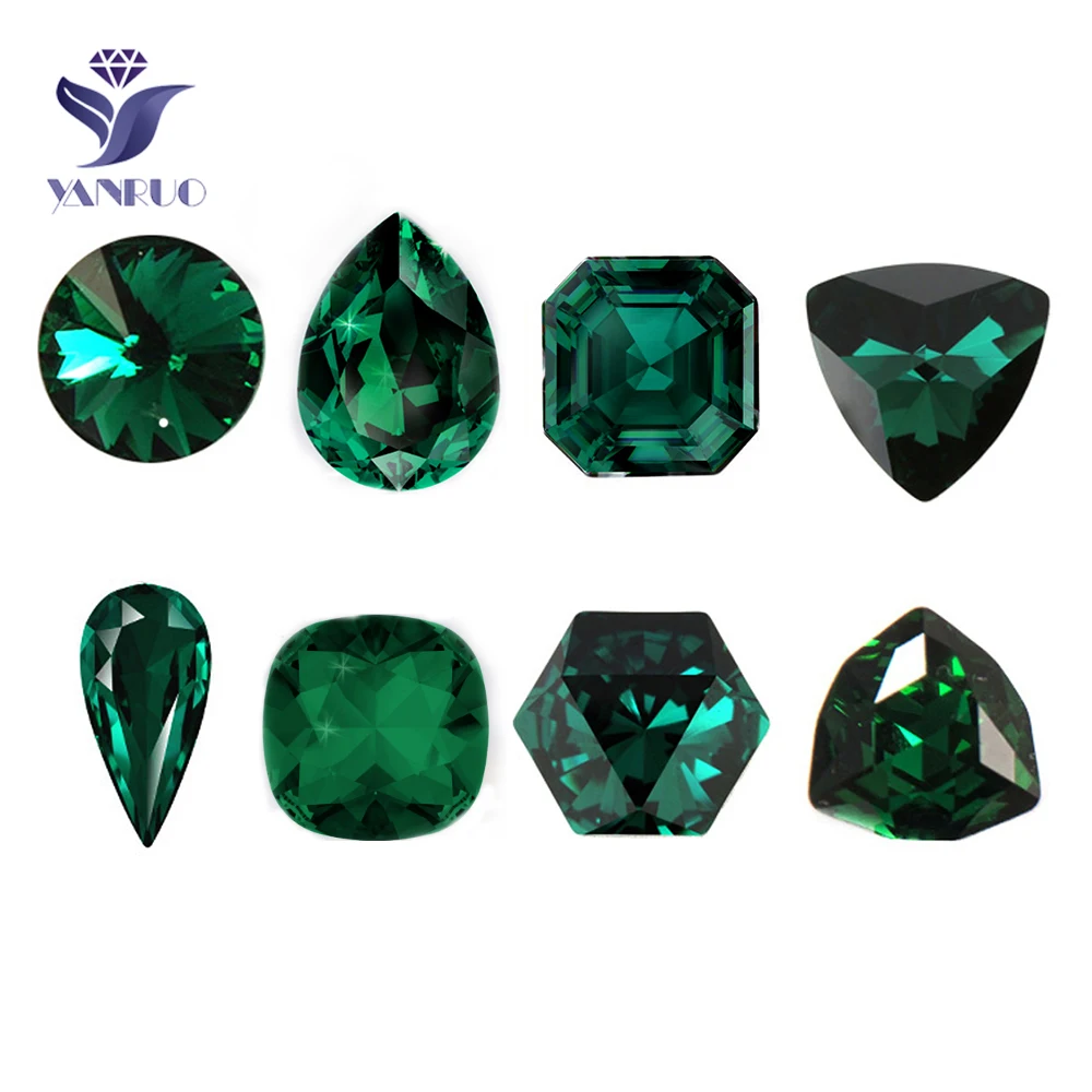 

YANRUO Newly Emerald Color Diamond Mixed Shapes Pointed Back Crystal Pointback Glue On Nail Art Rhinestones DIY Jewelry Making