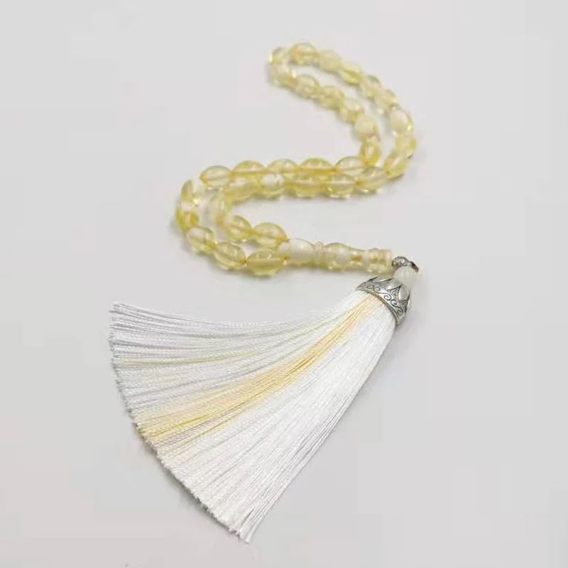 Белый Tasbih прозрачный смоляный хлопок кисточкой Четки мусульманские 33 бусины