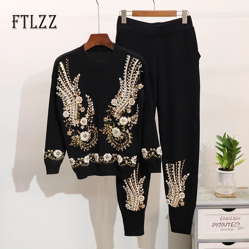 

Fashion Woman Tracksuit 2019 New Autumn Winter Two Piece Set Vintage Beaded Embroidery Sweater Top + Pants Knitted Sportsuits