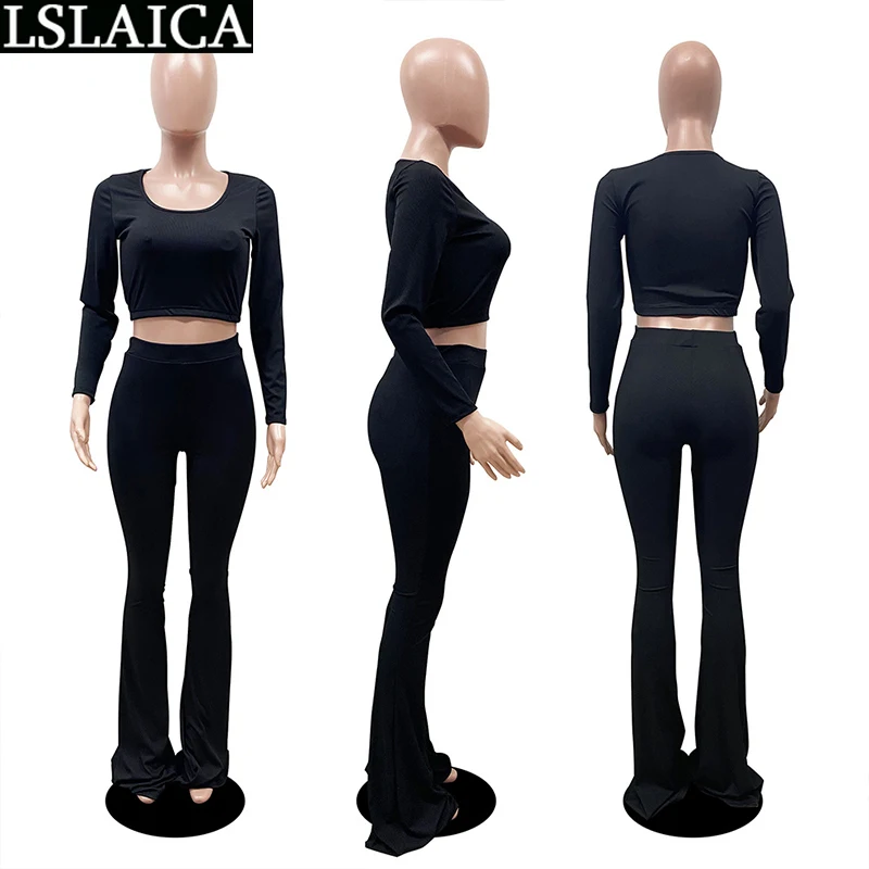 

Outfits for Women Solid Exposed Navel Loungewear Women Slim Flared Pants Long Sleeve New Arrival Casual O Neck Two Piece Set