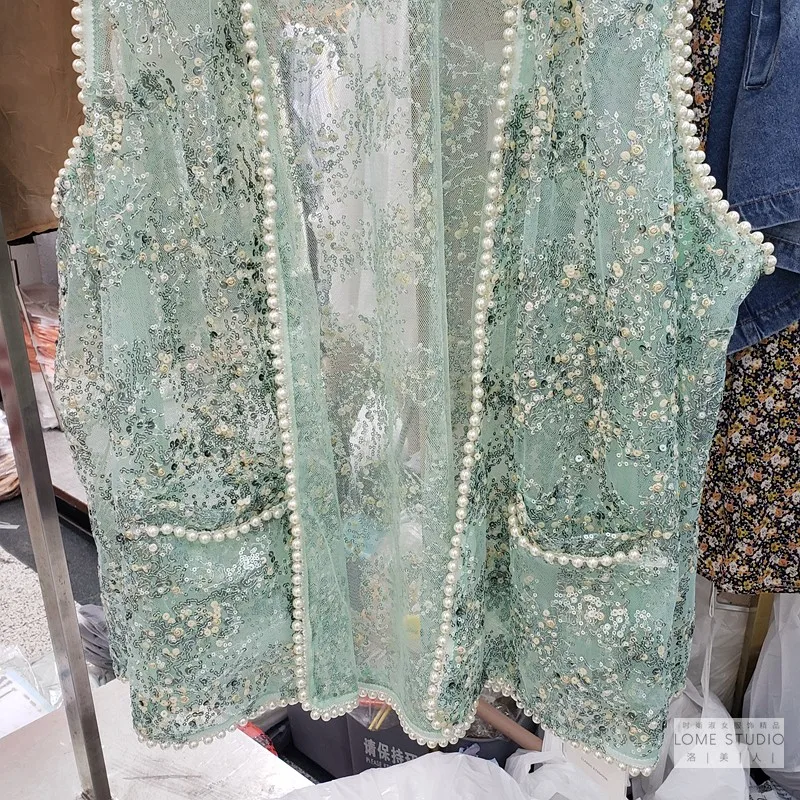

European 2020 Summer New Loose Full Sequined Pearl V-neck Sleeveless Vest Jacket Streetwear Women Sweet Lace Cardigan Coat