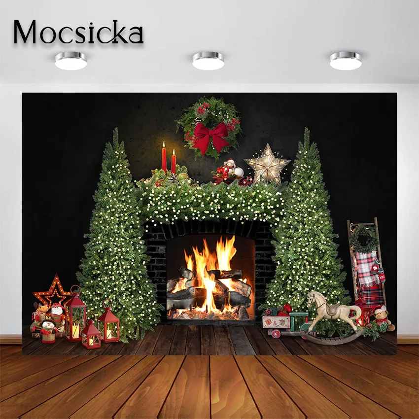Mocsicka черный настенный камин Рождественские фоны для фотографии Зеленая сосна