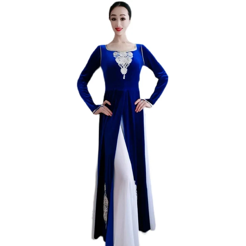 

Indian Traditional Dance Long Robe For Women Adult Oriental Classical Dancing Practice Blue Clothes Bollywood Clothing 2021