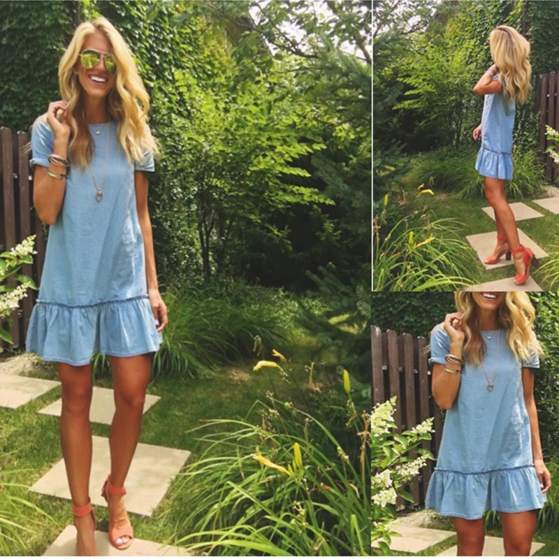 

Solid Color Round Neck Short Sleeves Flounced Skirt Women Clothing Summer New Splicing Temperament Commute Denim Mid Skirt