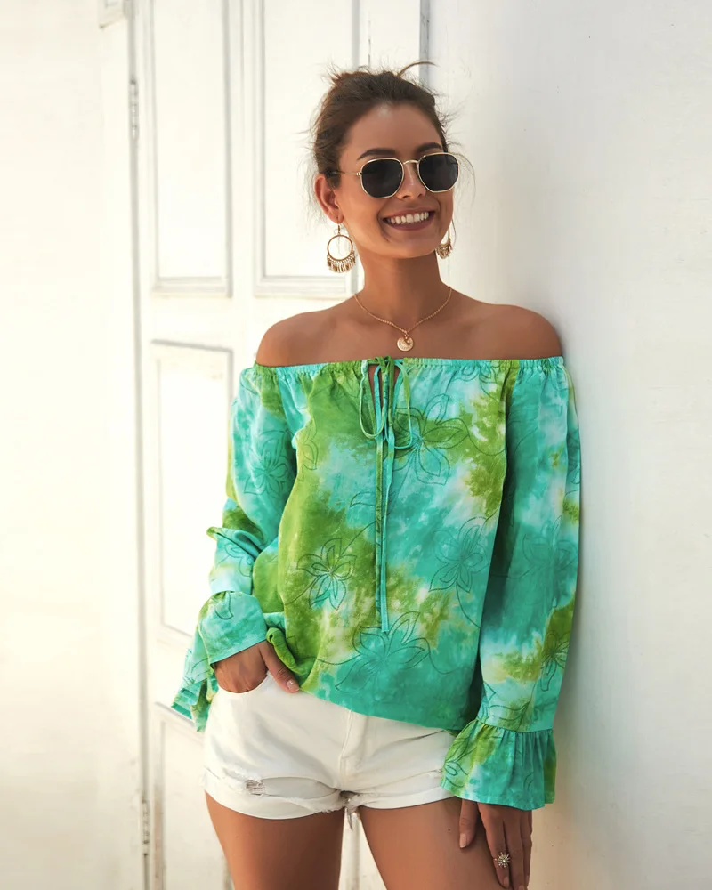 

NewEuropean And American Fashion Women's Blouse Women Summer New Amazon Strapless Sexy Long-sleeved Shirt Full Butterfly Sleeve