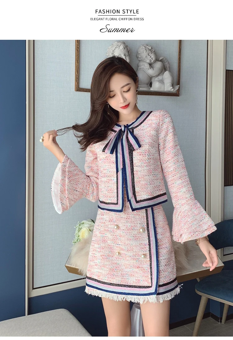 Женский розовый твидовый костюм с юбкой кардиган бантом расклешенная короткая