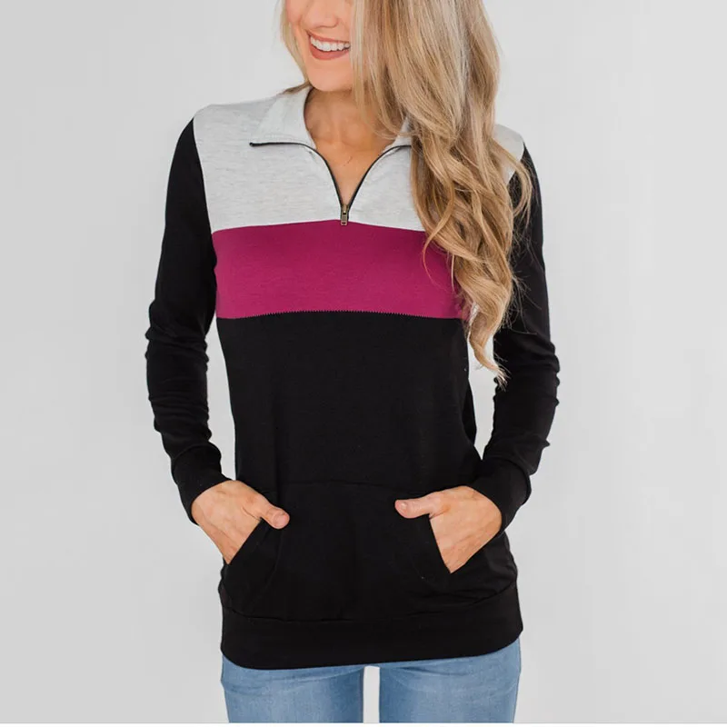 Контрастная Женская Осенняя повседневная толстовка на молнии с лацканами