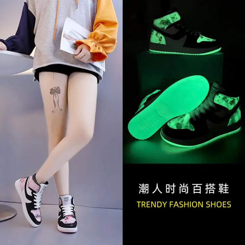 

spring summer leather Luminous women sports sneakers pink aj breathable anti slip vulcanized leisure high top plate shoes