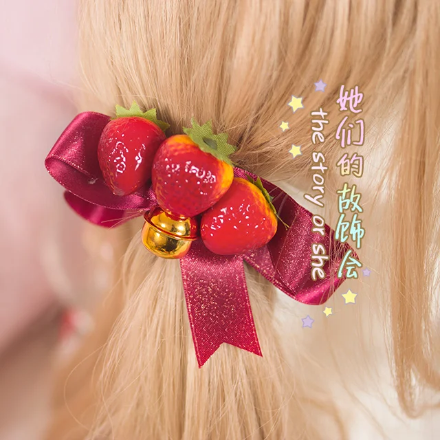 

Handmade DIY Hair Accessories Strawberry Bell Bow Ponytail Hair Ring Hair Elastic Hairpin Headdress Soft Girl Germination Ring