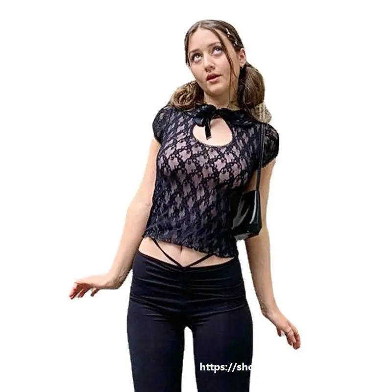 

Eucosm Goth Y2K Aesthetic Lace Crop Top Cut Out Short Sleeve T-shirt Y2k Top Woman Tshirts Embroidery