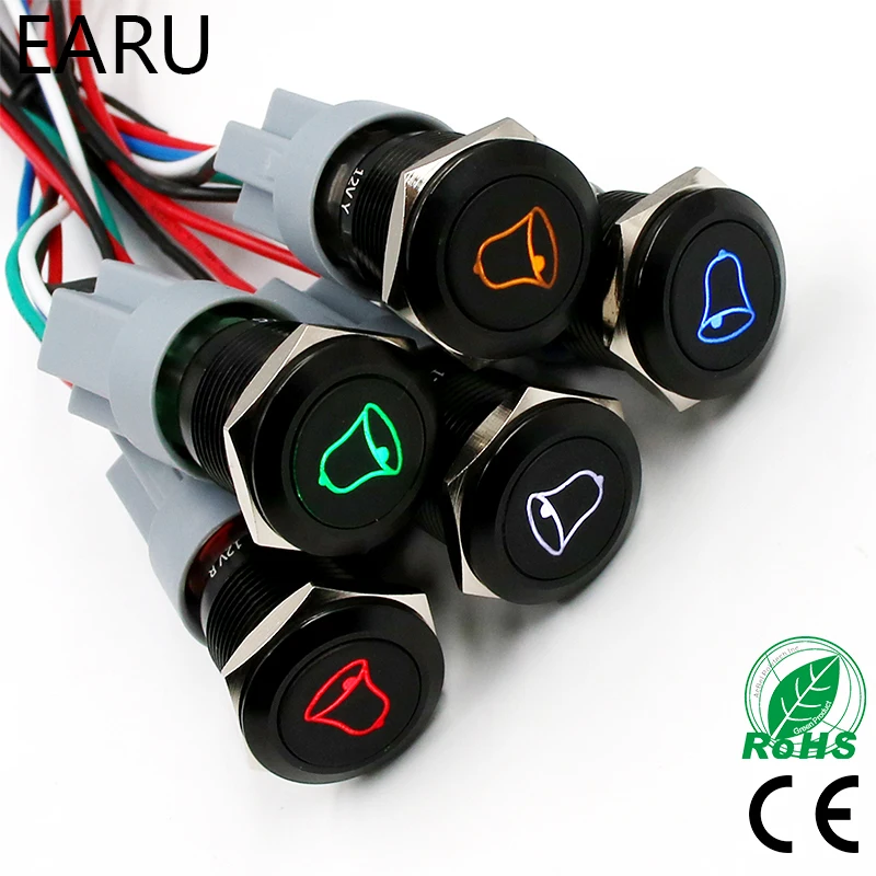 1pc Black 16mm Momentary Doorbell Bell Horn Speaker Push Button Switch Stainless Steel Metal Waterproof with Logo LED Light - купить по